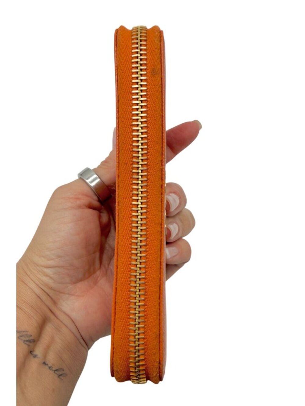 Prada Orange/Red Saffiano Leather Bicolor Zip Around Wallet featuring a gold log - Picture 9 of 12